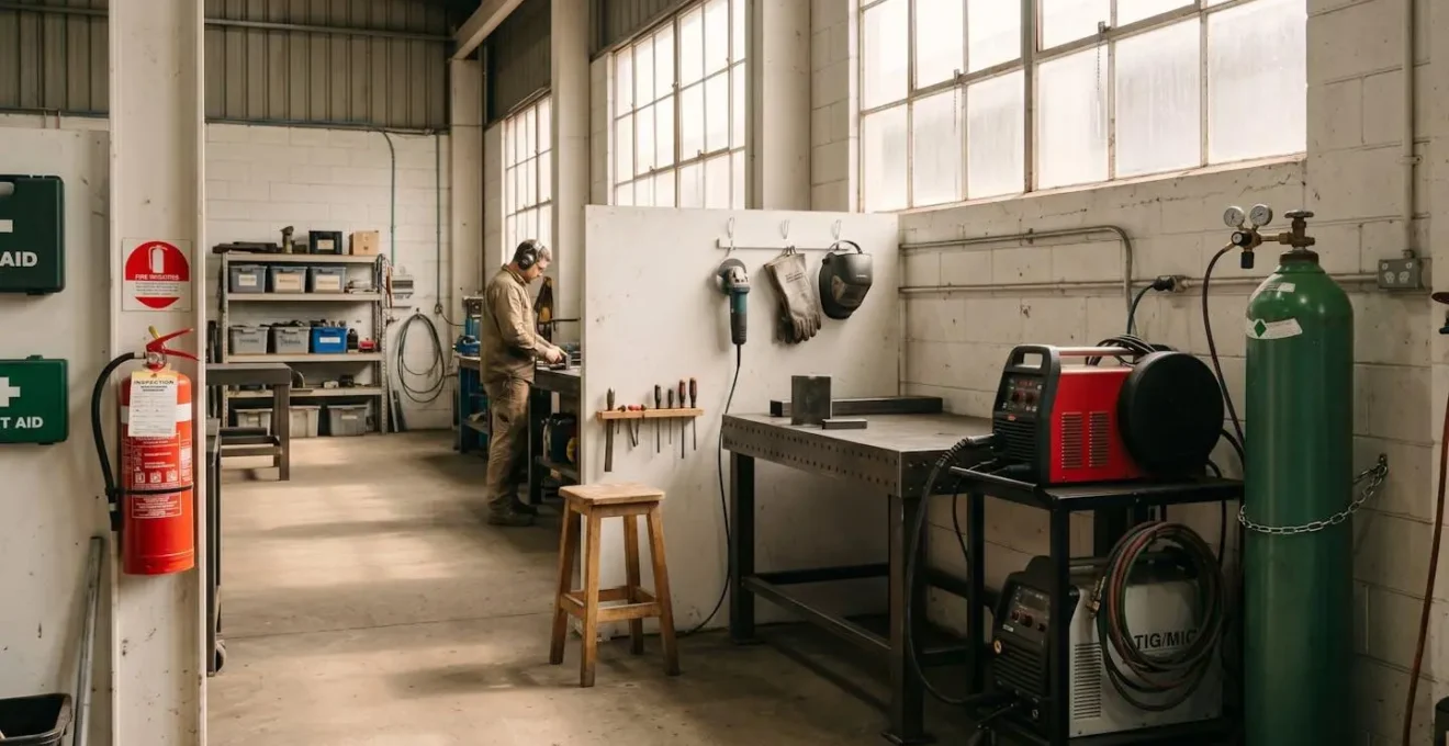 Atelier de soudage bien organisé avec extincteur, poste à souder et zone dégagée.