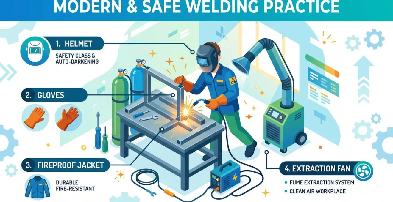 Illustration isométrique d'un soudeur portant casque, gants, veste et ventilateur d'extraction.