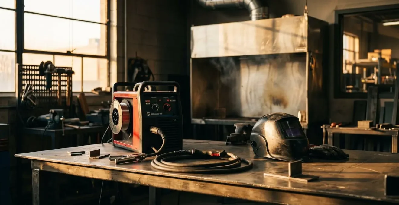 Poste à souder MIG et équipement de protection (casque, gants) sur un établi d'atelier bien organisé.