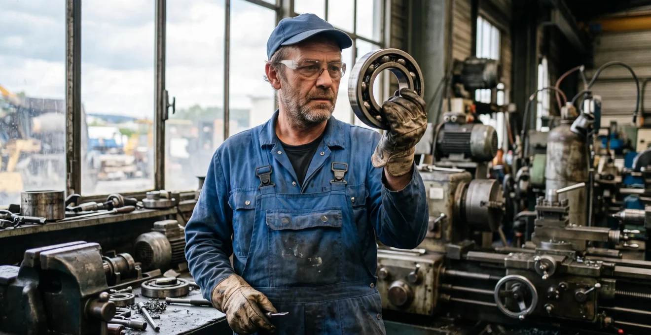 Un technicien inspecte un roulement à billes dans un atelier industriel.